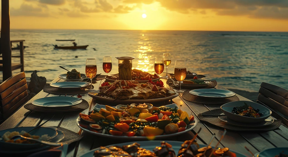 Dîner dans une taverne improvisée en bord de mer