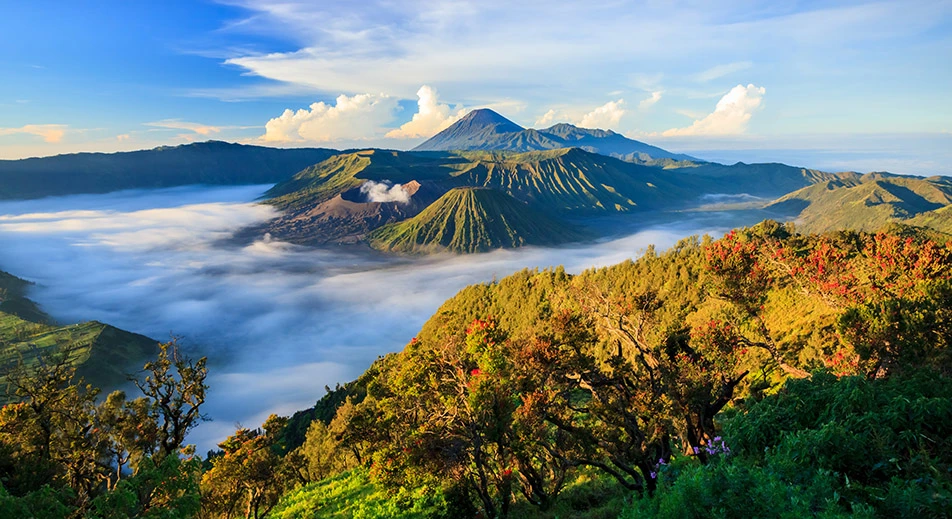 Le mont Bromo sur l’île de Java, un volcan encore en activité au centre d’un paysage lunaire